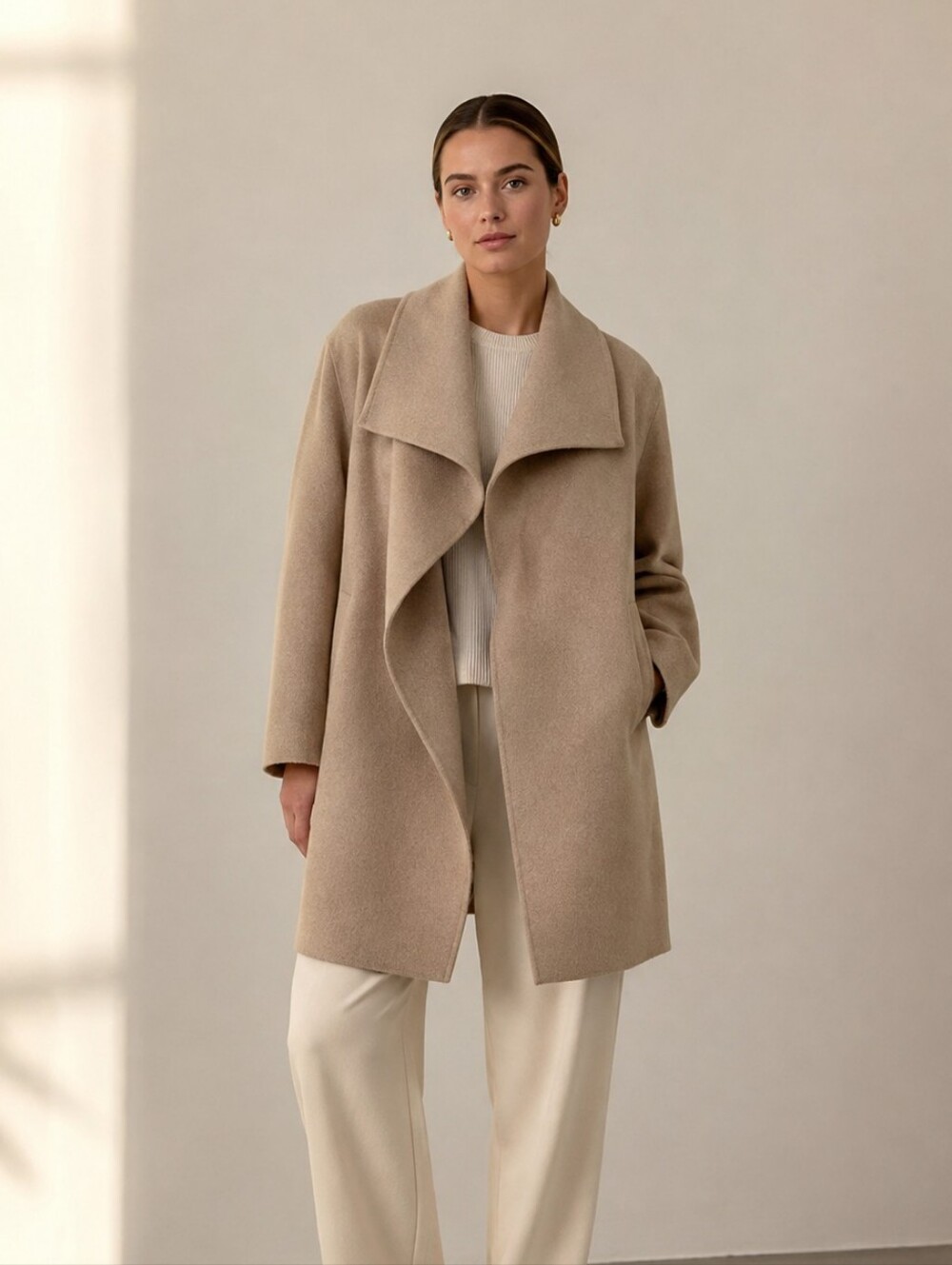 Beige Wool Draped Collar Women Coat Open front Mid-length Quiet Luxury Winter